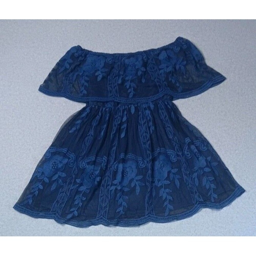 Southern Fried Chics Embroidered Lace Off The Shoulder Mini Dress M Blue Shabby